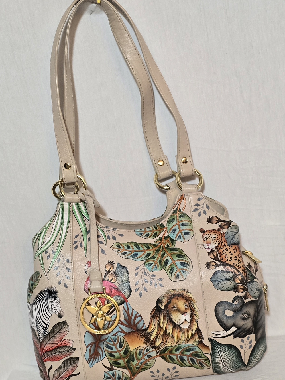 Anushka Beige Safari Print Shoulder Bag Satchel with Gold Accents